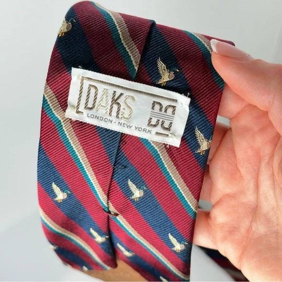 DAKS silk tie striped embroidered bird vintage prep - Picture 5 of 10